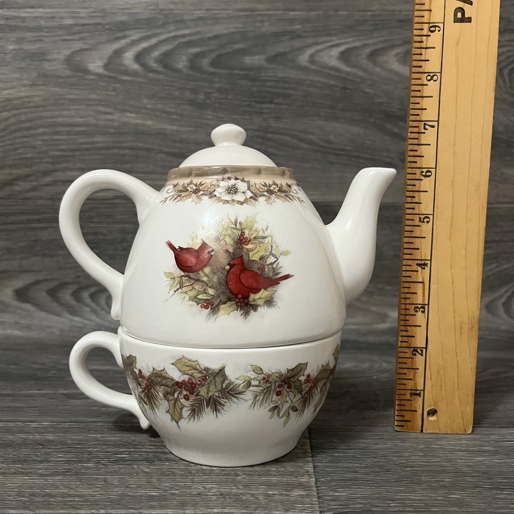 Woodland Cardinals Tea For One Cracker Barrel Susan Winget Teapot 3 Piece Set